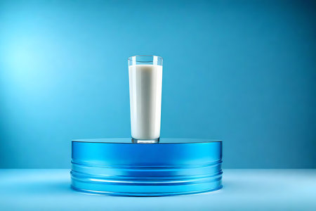 round blue podium close shot iridescent background studio with glass of milk high qualityの素材