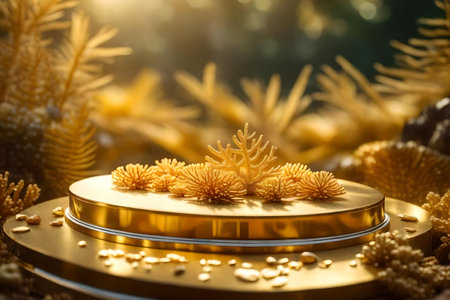 round golden plastic podium scenery with golden corals in the forest hyperrealistic materialsの素材