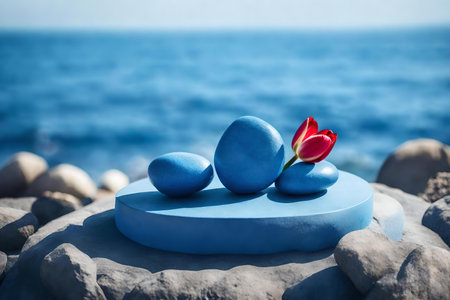 round blue rock cosmetic podium background with tulip by the sea hyperrealistic materialsの素材