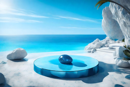 round blue rock cosmetic podium composition with diamond by the blue ocean hyperrealistic materialsの素材