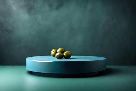 round blue podium close shot stone background studio with green olive high qualityの素材