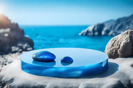 round blue rock cosmetic podium scenery with tinted glass by the sea hyperrealistic materialsの素材
