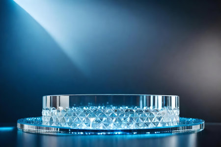 round glass plastic podium composition with crystal ice in the photo studio hyperrealistic materialsの素材