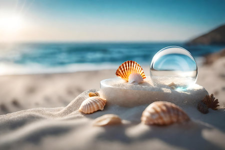 round glass rock podium scenery with seashell by the sea hyperrealistic materialsの素材