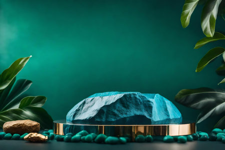 round blue rock cosmetic podium background with malachite in the photo studio hyperrealistic materialsの素材