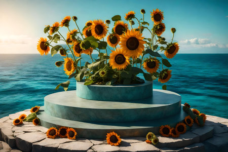 round green stone podium background with dried sunflowers by the blue ocean hyperrealistic materialsの素材