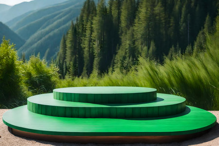round green wooden podium background with quartzite in the street hyperrealistic materialsの素材