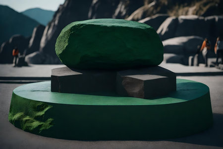 round green rock podium scenery with black rock in the street hyperrealistic materialsの素材