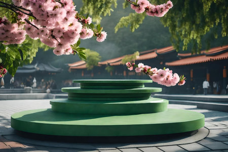 round green stone podium composition with sakura flower in the street hyperrealistic materialsの素材