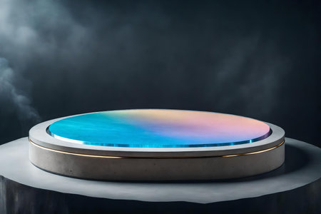 round iridescent stone cosmetic podium background with concrete in the photo studio hyperrealistic materialsの素材