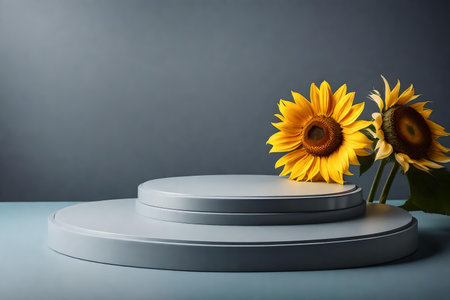 round grey plastic cosmetic podium background with sunflower in the photo studio hyperrealistic materialsの素材