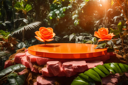 round orange plastic podium scenery with rose quarts in the tropical forest hyperrealistic materialsの素材