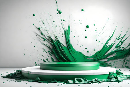 round green wooden podium background white wall with green and titanium paint splashの素材