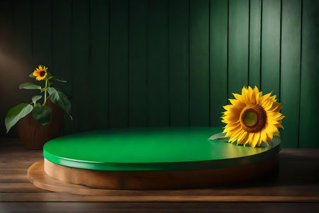 round green wooden podium scenery with sunflower in the photo studio hyperrealistic materialsの素材