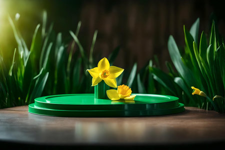 round green plastic podium scenery with daffodil in the photo studio hyperrealistic materialsの素材