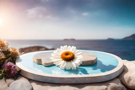 round iridescent stone cosmetic podium background with dried daisy by the sea hyperrealistic materialsの素材
