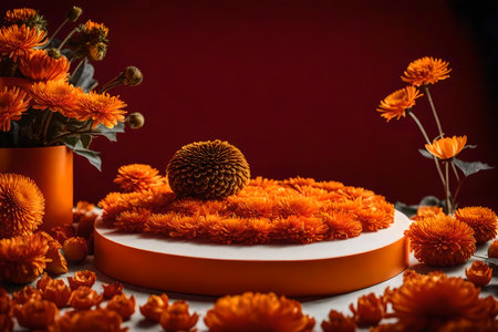 round orange plastic podium composition with dried chrysanthemum in the photo studio hyperrealistic materialsの素材