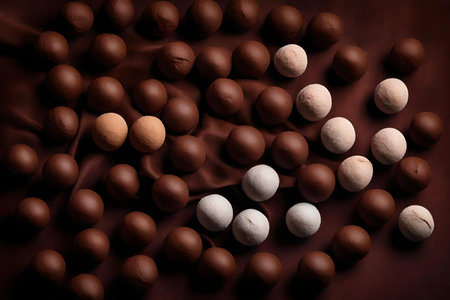 chocolate malt balls composition flat lay with free space for copy velvet fabric backgroundの素材
