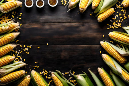 corn composition flat lay with free space for copy black wood backgroundの素材
