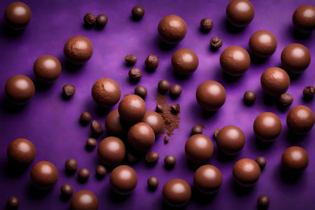 chocolate malt balls composition flat lay with free space for copy amethyst backgroundの素材