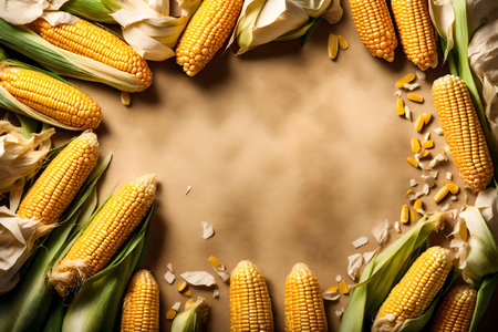 corn composition flat lay with free space for copy crumpled paper backgroundの素材