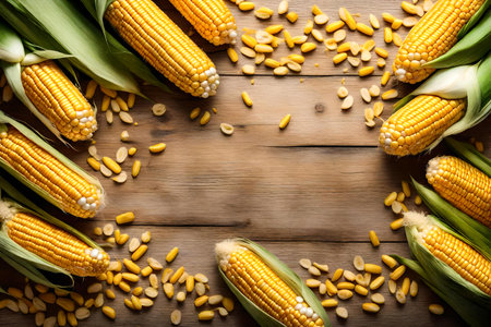 corn composition flat lay with free space for copy silk fabric backgroundの素材