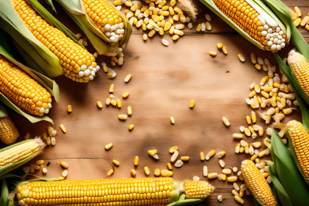corn composition flat lay with free space for copy dolomite backgroundの素材