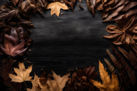 dried leaves composition flat lay with free space for copy black wood backgroundの素材