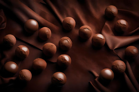 chocolate malt balls composition flat lay with free space for copy velvet fabric backgroundの素材