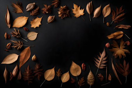 dried leaves composition flat lay with free space for copy black paper backgroundの素材