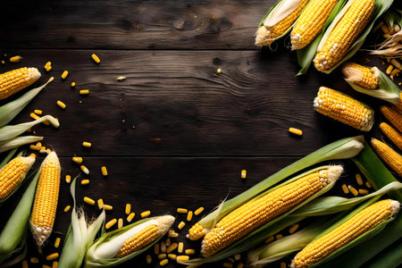 corn composition flat lay with free space for copy black wood backgroundの素材