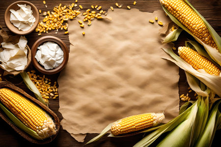 corn composition flat lay with free space for copy crumpled paper backgroundの素材