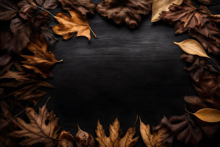 dried leaves composition flat lay with free space for copy black wood backgroundの素材