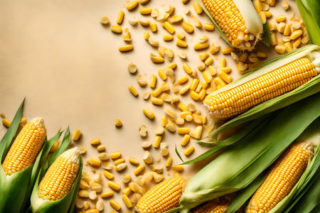 corn composition flat lay with free space for copy silk fabric backgroundの素材