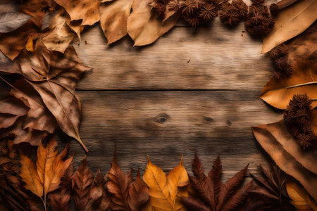 dried leaves composition flat lay with free space for copy old wood backgroundの素材