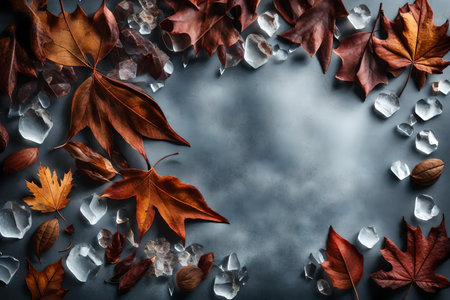 dried leaves composition flat lay with free space for copy crystal ice backgroundの素材