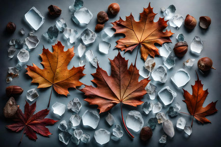dried leaves composition flat lay with free space for copy crystal ice backgroundの素材