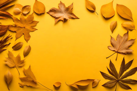 dried leaves composition flat lay with free space for copy yellow paper backgroundの素材