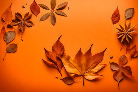 dried leaves composition flat lay with free space for copy orange paper backgroundの素材