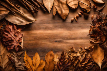 dried leaves composition flat lay with free space for copy dried wood backgroundの素材