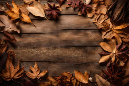 dried leaves composition flat lay with free space for copy old wood backgroundの素材