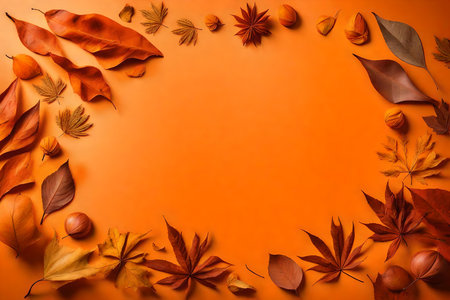 dried leaves composition flat lay with free space for copy orange paper backgroundの素材