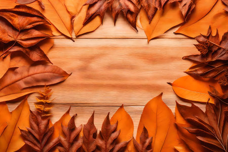 dried leaves composition flat lay with free space for copy orange wood backgroundの素材