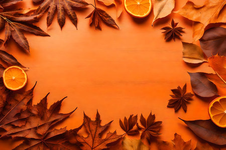 dried leaves composition flat lay with free space for copy orange wood backgroundの素材