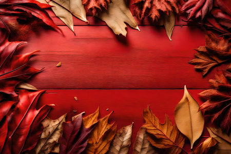 dried leaves composition flat lay with free space for copy red wood backgroundの素材