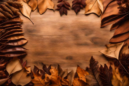 dried leaves composition flat lay with free space for copy dried wood backgroundの素材