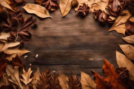 dried leaves composition flat lay with free space for copy dried wood backgroundの素材