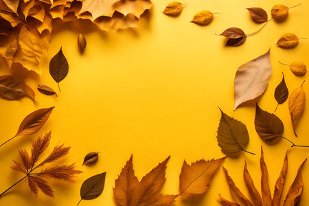 dried leaves composition flat lay with free space for copy yellow paper backgroundの素材