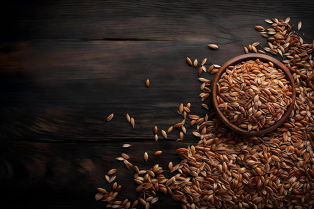 flax seeds composition flat lay with free space for copy black wood backgroundの素材