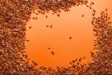 flax seeds composition flat lay with free space for copy orange paper backgroundの素材